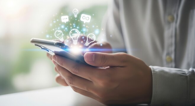 Close up of hands holding a smartphone with glowing digital icons and data streams emanating upwards