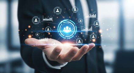 Businessman holding a glowing digital interface with interconnected icons representing global connections and data analytics