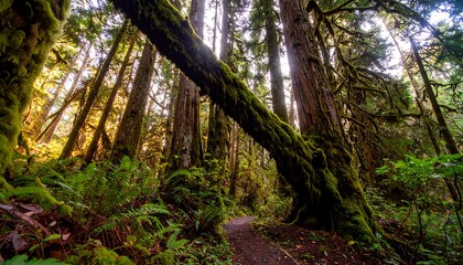 Fototapeta premium Sunlight streams through a mossy forest, illuminating ancient trees and a pathway lined with ferns.