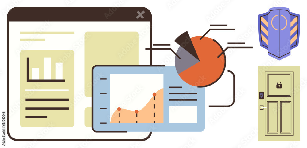 Poster bar chart, pie chart, and line graph within ui layout. shield and locked door represent data protect