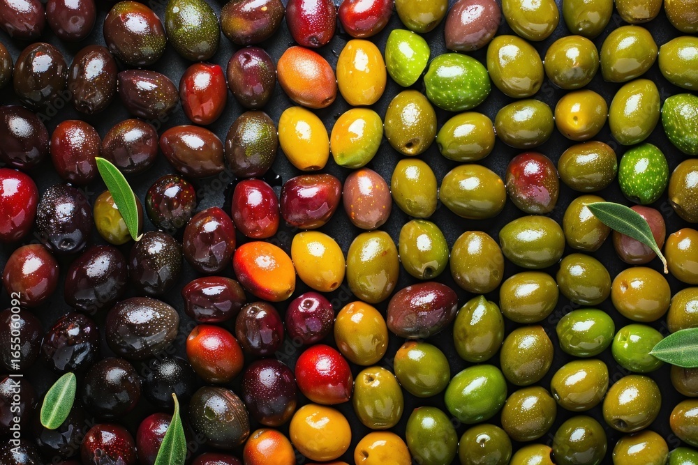 Poster wet olives of different colors arranged to create a gradient on a black background, with some olive 