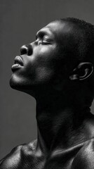 Man looks upward, black and white portrait