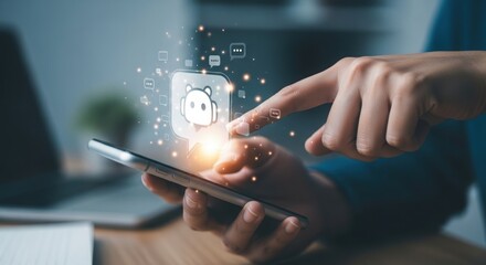 Close up of a person s hands interacting with a smartphone displaying a digital interface with glowing icons and data visualization elements