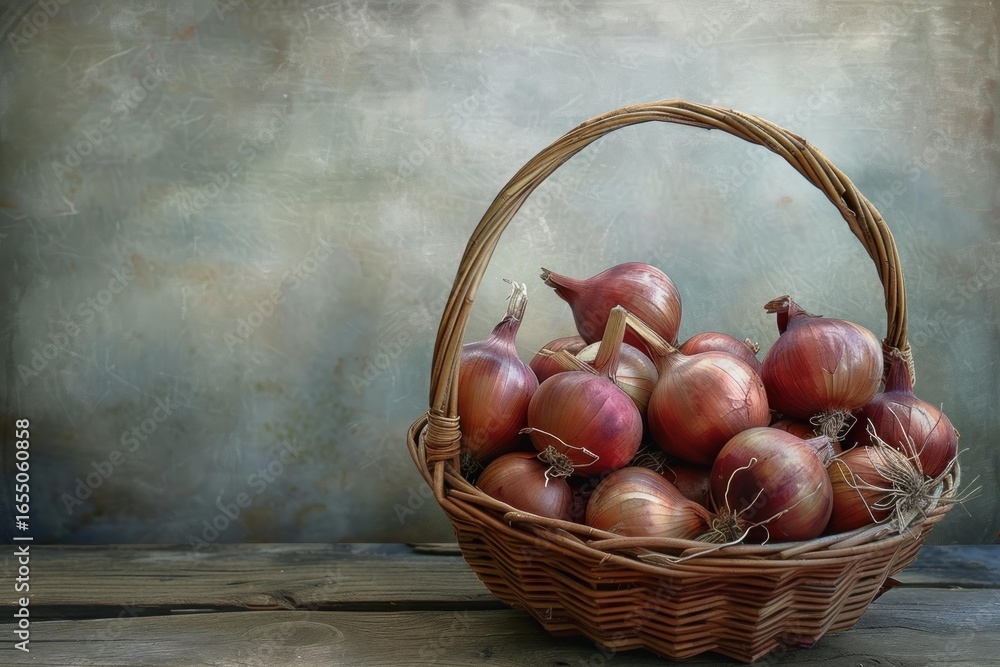 Poster wicker basket full of red onions resting on a weathered wooden table against a textured backdrop, cr