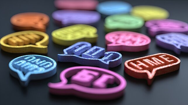 Colorful speech bubbles with various words.