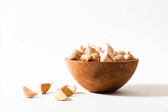 a wooden bowl filled with garlic and cloves
