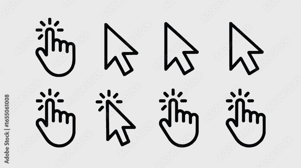 Poster cursor and hand click pointer icons set for website and application design user interface