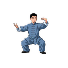 Man practicing tai chi, cartoon vector illustration isolated on transparent background, traditional chinese martial art for health, fitness and wellness