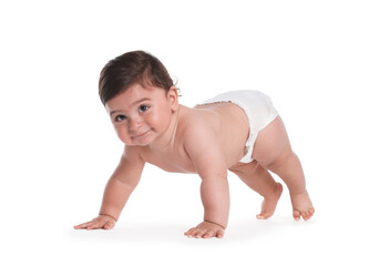 Cute little baby crawling on white background