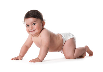 Cute little baby crawling on white background