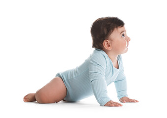 Cute little baby crawling on white background