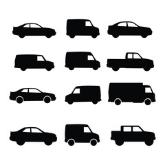 Collection of various vehicle silhouettes in different styles and shapes side view
