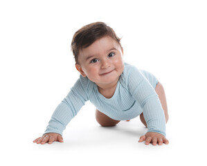 Portrait of cute little baby on white background
