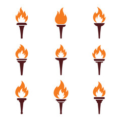 A set of torches with orange and yellow flames on white background