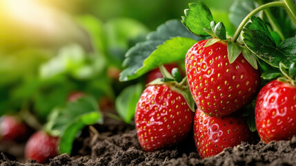 Ripe red strawberries ripening on verdant plant, glistening under bright sunlight in agricultural field ready for picking