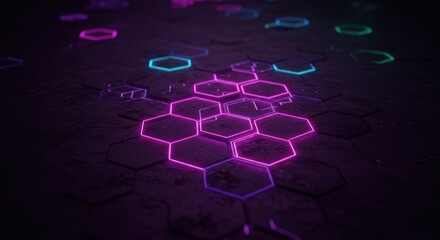 Neon hexagonal grid with glowing purple and cyan lines on dark surface