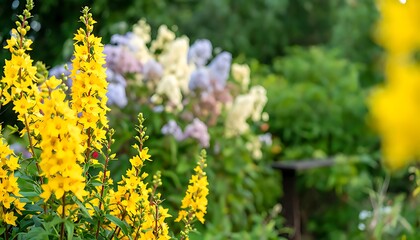 Fototapeta premium Bright yellow flowers in a garden setting.
