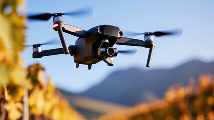 Aerial view revealing golden vineyards during autumn harvest, lush grapevine rows stretching across undulating landscape beneath soft cloudscape