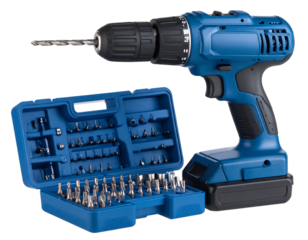 Drill and bits on transparent background