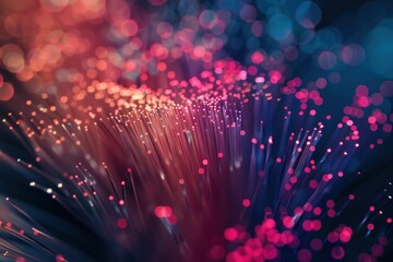 Fiber optic cables glowing in vibrant colors, transmitting data at high speed with a beautiful bokeh effect