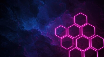 Neon hexagons against a dark swirling backdrop