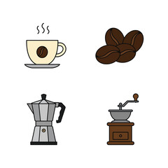 Coffee icons including cup beans grinder and espresso machine