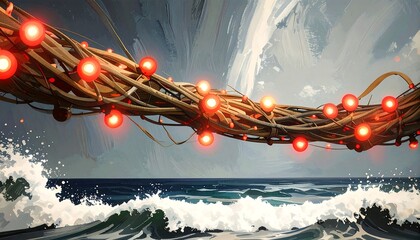 A swirling, luminous structure of interconnected branches, adorned with glowing red orbs, floats above a stormy sea.
