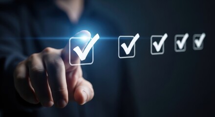 Close up of a person s hand touching a glowing digital checklist with multiple completed tasks and a bright blue checkmark