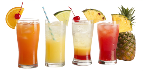Four colorful tropical cocktails with fruit garnishes isolated on a transparent background