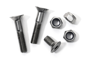 Flat head metric allen bolts and nuts isolated on white background