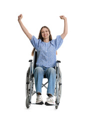 Smiling teenage girl in wheelchair on white background