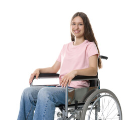 Smiling teenage girl in wheelchair on white background