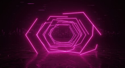 Neon pink hexagonal tunnel with futuristic cityscape background