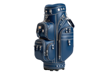 Deep navy blue golf bag, featuring multiple compartments, zippers, and decorative hardware