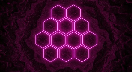 Neon pink hexagons arranged in a triangular pattern on a dark textured background