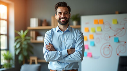 Confident man with arms crossed in an office with a whiteboard and plants smiling