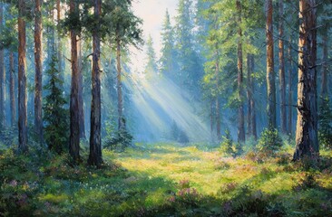 Obraz premium Sunlight streams through a pine forest