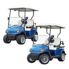 Two blue golf carts, side-by-side, featuring white canopies and seats