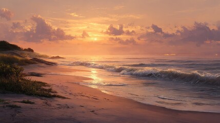 Sunrise over a calm ocean, light reflecting on the sand and the gentle breaking waves
