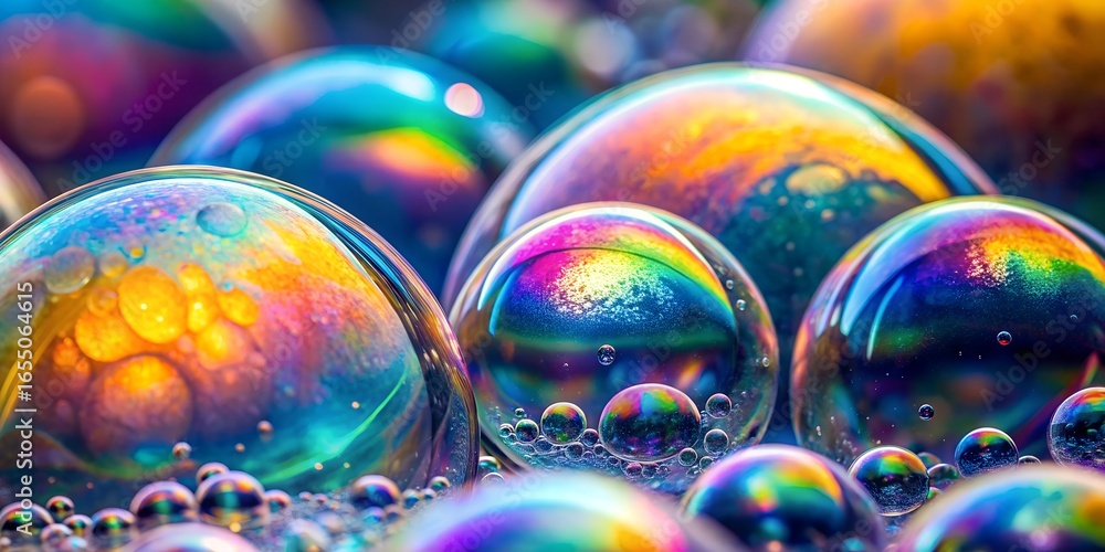 Poster photo of a macro shot of vibrant soap bubbles, showcasing a mesmerizing rainbow of colors and intric