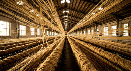 Industrial Rope Production Facility with Parallel Lines of Golden Cords and Sunlit Interior