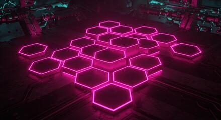 Neon pink hexagons on a dark metallic surface with circuitry