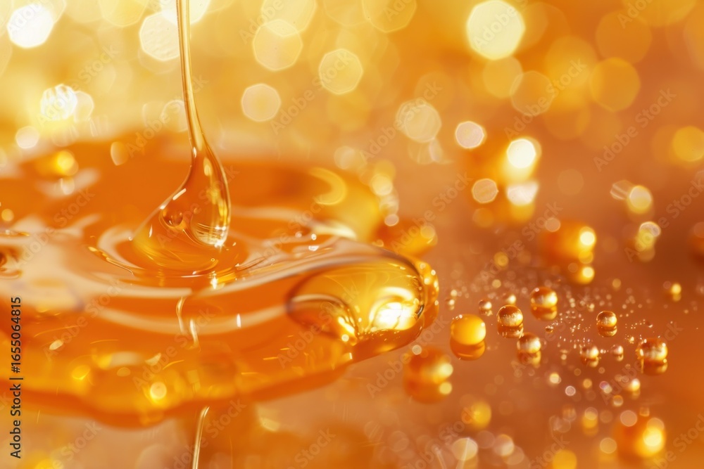 Aufkleber Stream of honey pouring on a golden surface creating bubbles and ripples with beautiful bokeh