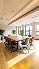 Fototapeta premium Modern conference room with large table and windows