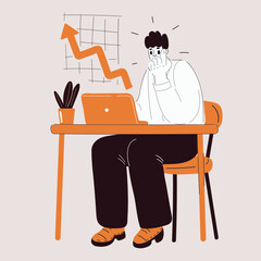 Cartoon vector illustration of a man sitting at a laptop watching an arrow soar upward as a symbol of growth, success, and progress