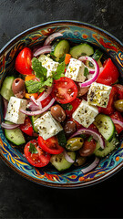 greek salad with feta cheese, red onions, cucumbers, and olives