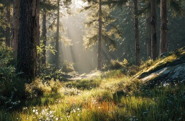 Obraz premium Sunbeams piercing a misty forest