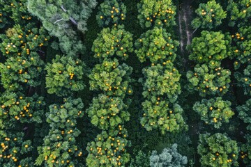 Aerial view of cultivated orange trees growing in rows in an orchard, forming a beautiful pattern