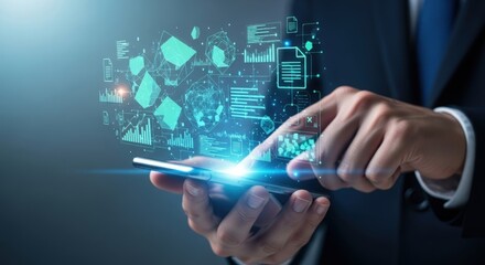 Business professional interacting with a futuristic holographic interface projected from a smartphone device