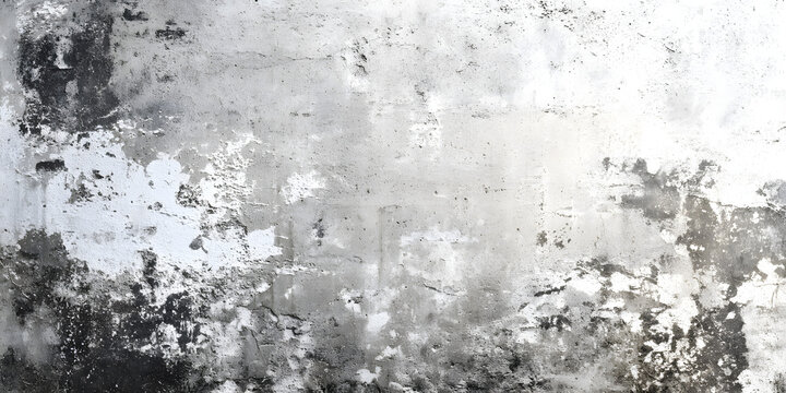 Gray abstract textured concrete wall background with weathered white patches and dark stains providing ample space for text and design elements.